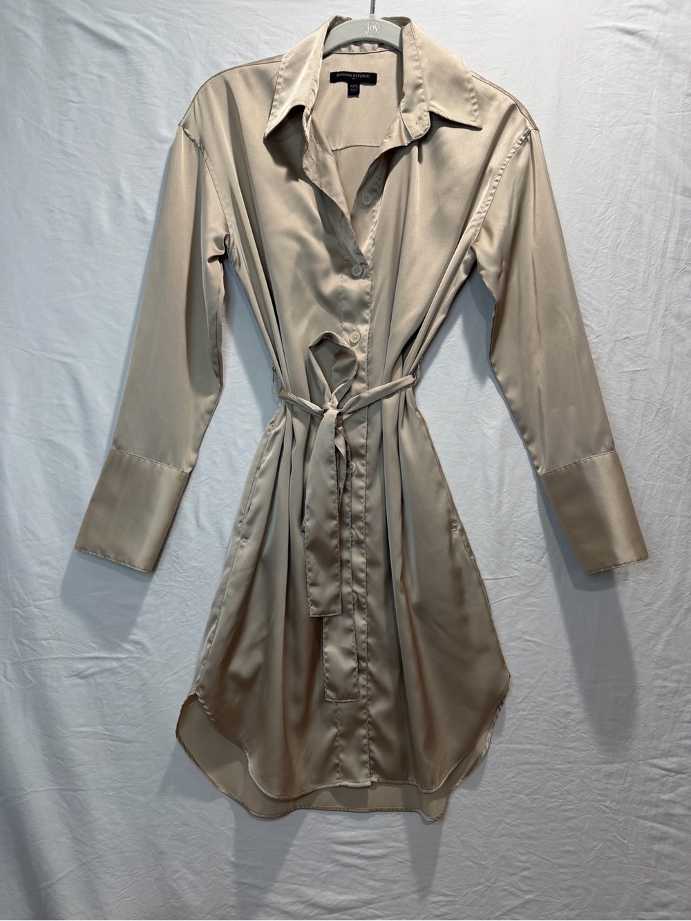 Banana Republic Beige Long-Sleeve Shirt Dress with Waist Tie